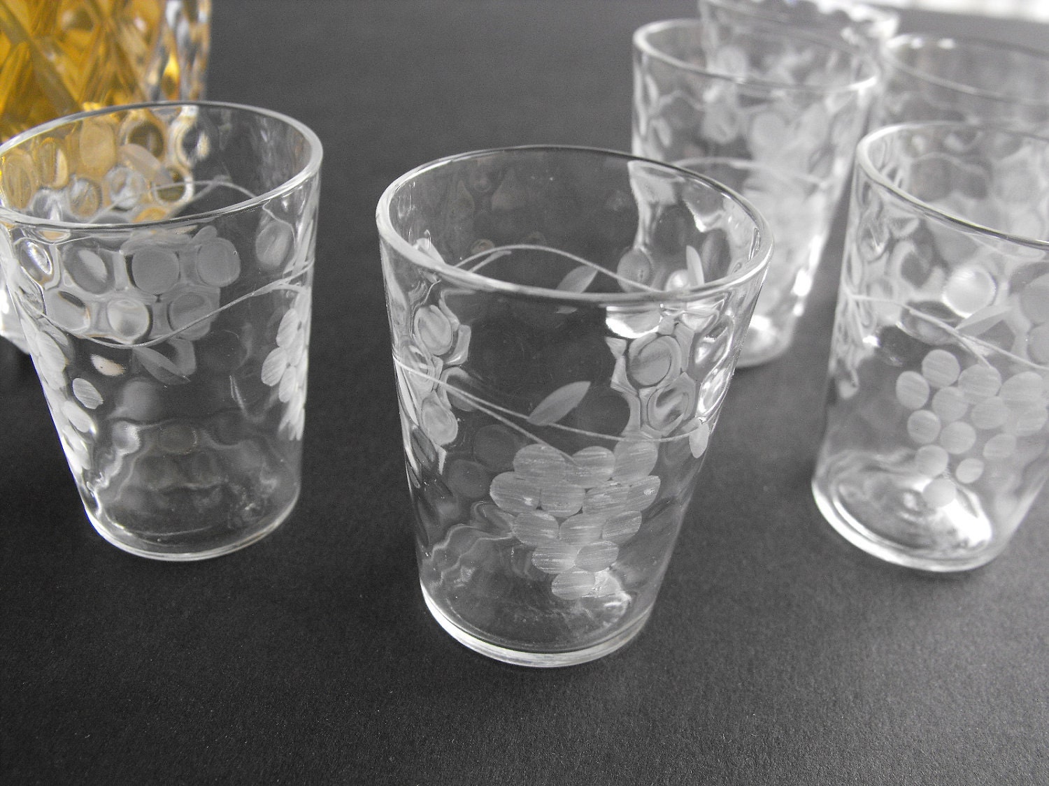 Vintage Etched Glass Shot Glasses 8982