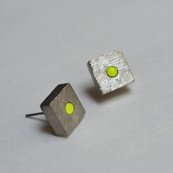 silver stud earring Neon Yellow
