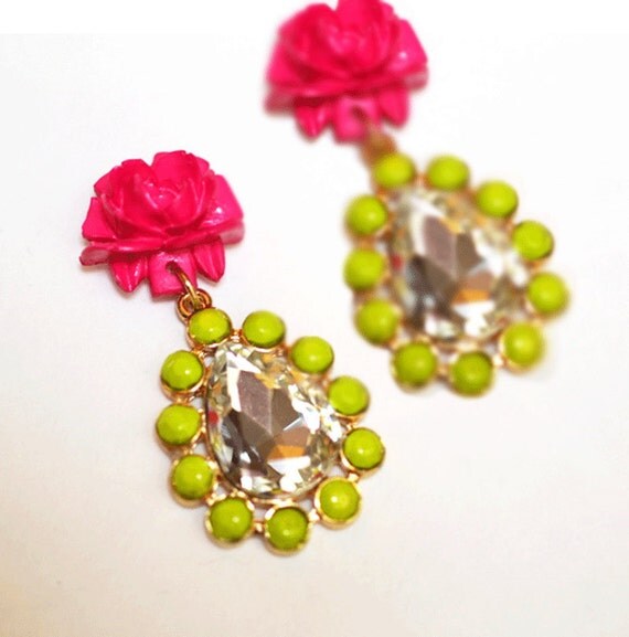 flower rhinestone drop earrings Bright Pink Chartreuse