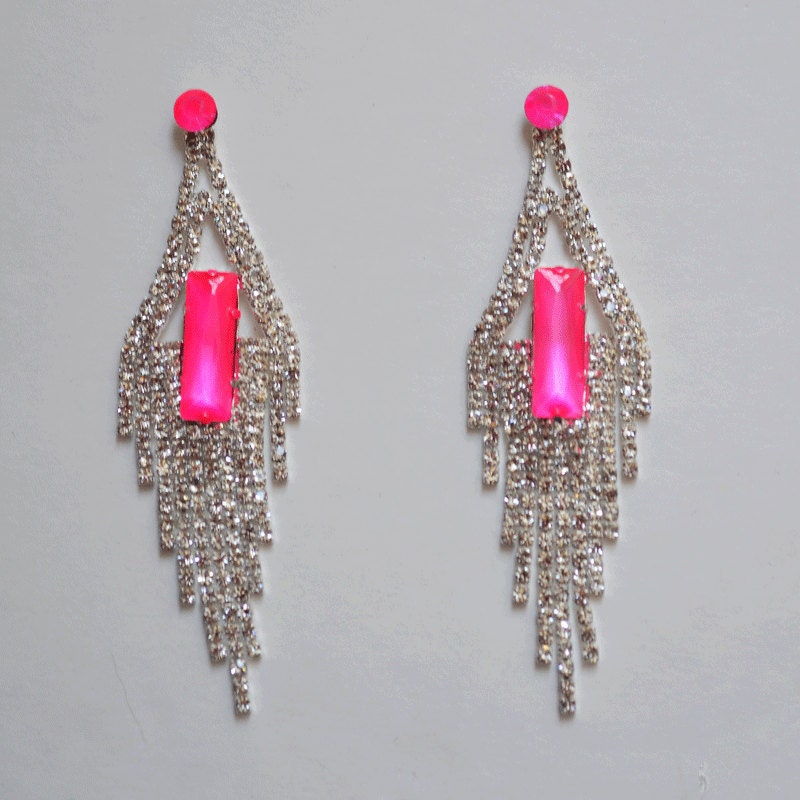 painted rhinestone earrings Neon Deco Fringe pink