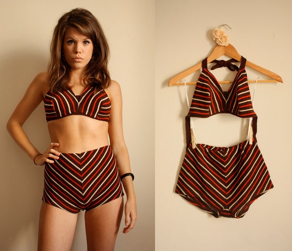 Items Similar To 40s 50s High Waist Bikini Striped Brown Red And   Il 570xN.333637484 