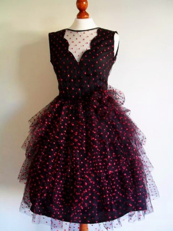 Tulle & Moulin Rouge . Party Dress S small 60s 1960s Red Polka