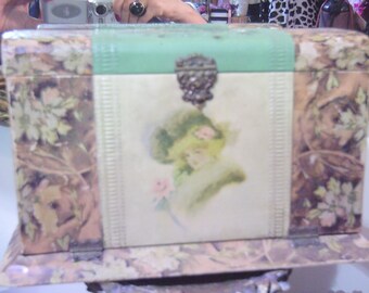 Antique French Celluloid Vanity Box with Victorian Lady, Movie Prop.