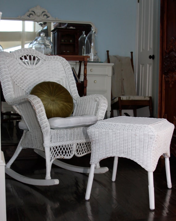 Vintage White Wicker Rocker with ottoman