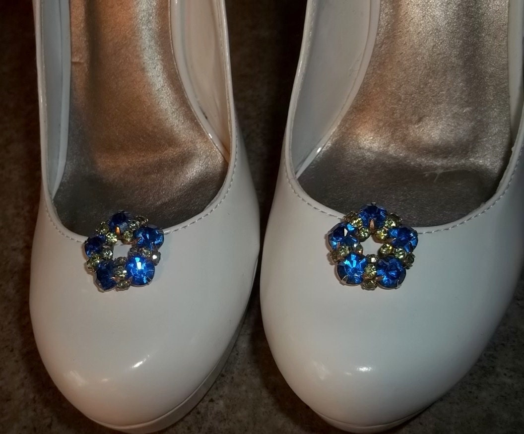 Vintage Royal Blue Light Green Rhinestone Shoe Clips set of