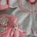 baby jacket / cardigan, bonnet and booties, mittens and small teddy pink daisy