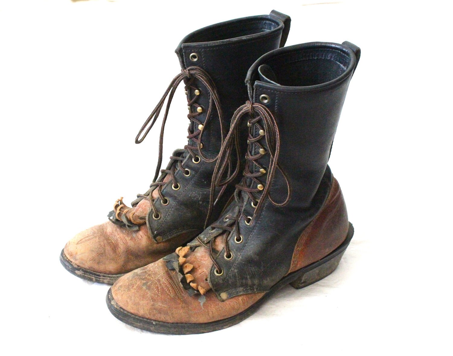 Vintage 2 Tone Rustic Leather Lace Up Boots Western Urban