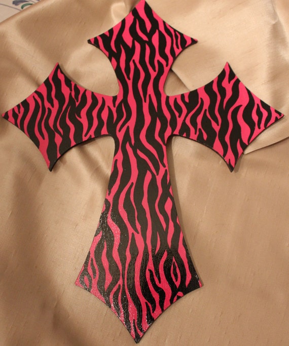 Zebra Cross Hot Pink and Black Zebra Print Wood Cross Wall