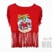 Red JIMMY BUFFETT - "Cheeseburger in Paradise" Margaritaville shirt, tasseled into a fringed crop tee