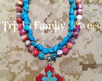 Hot Pink and Turquoise Crosses Necklace