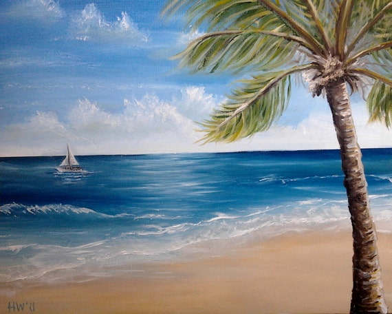 Items similar to Palm Tree oil painting beach ocean Key 