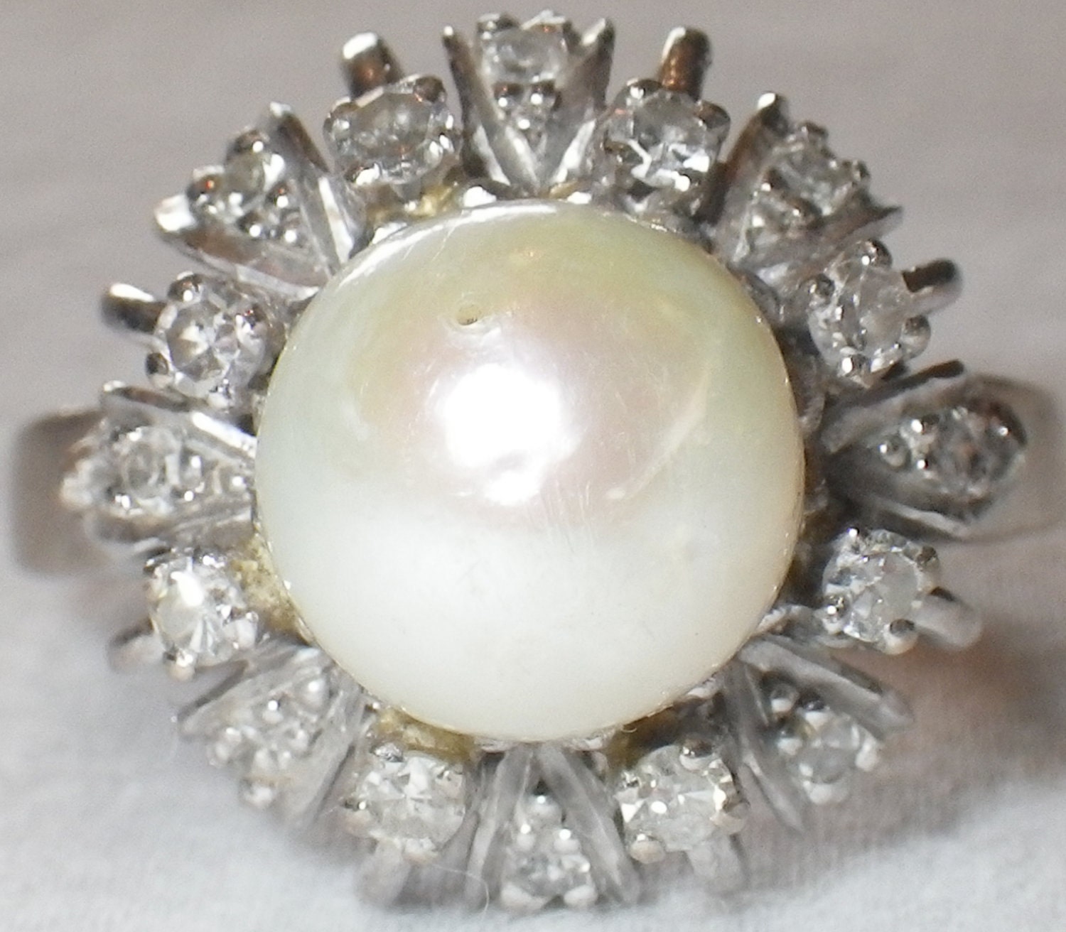 Vintage Art Deco 18K White Gold Custom Diamond Pearl Ring