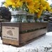 Handmade wood crate with vintage kitchen label, 4 mason jar vases, country wedding display, featured on HGTV garden blog