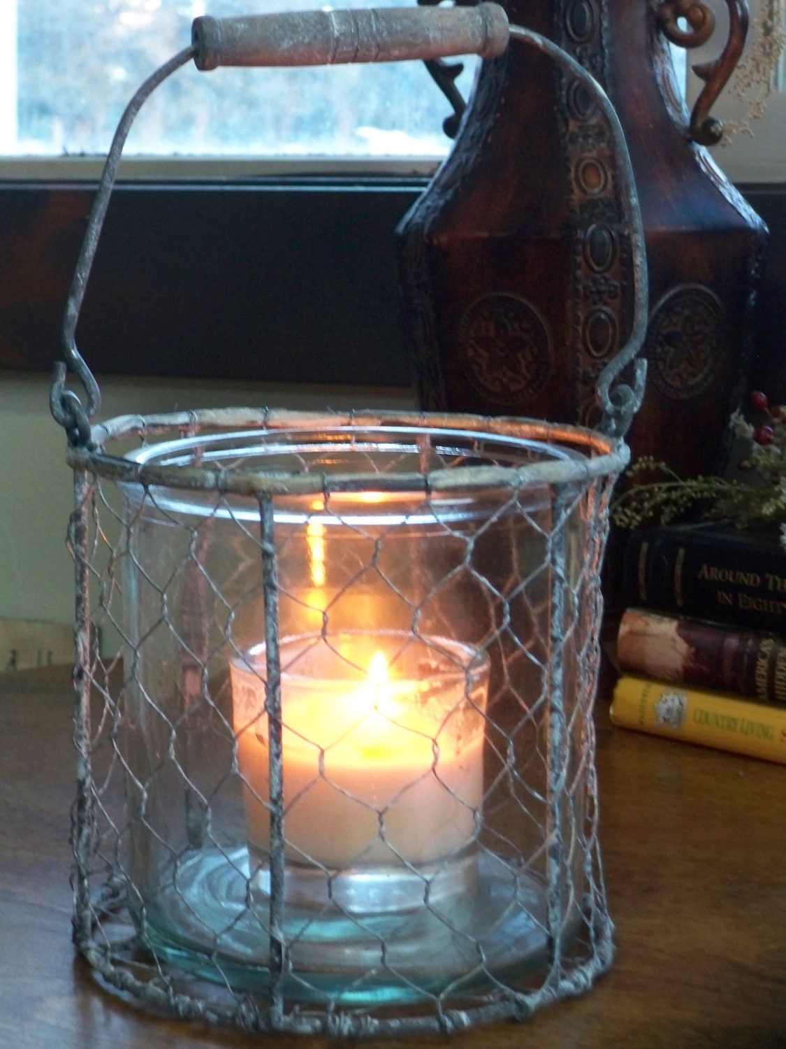 Hanging chicken wire lantern with 4 ounce candle and 3 refills