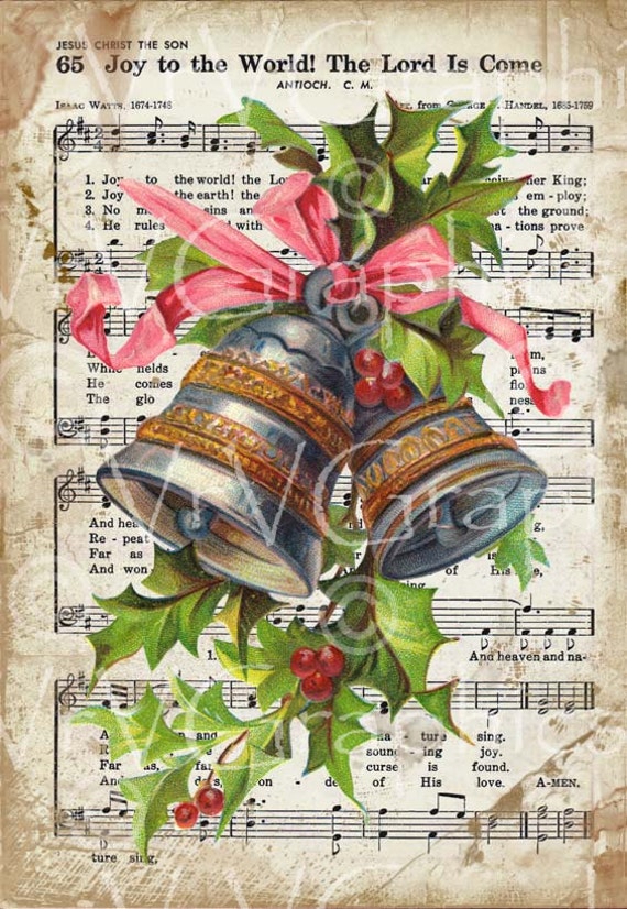 Items similar to Christmas Music Bells Pink Ribbon Vintage Postcard