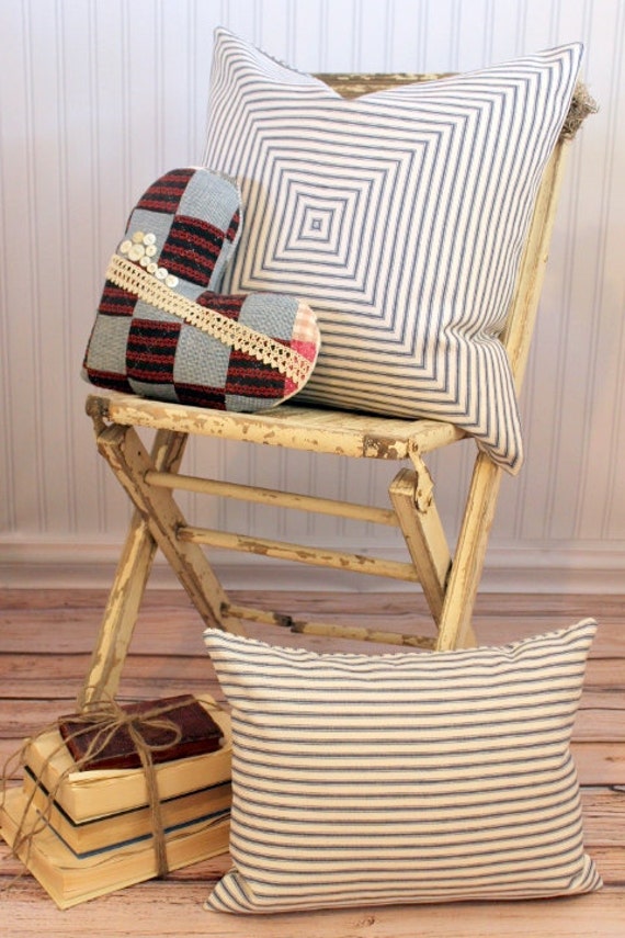 Blue Ticking Pillow Cover 20 x 20 Mitered squares