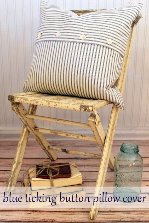 Blue Ticking Pillow Cover 20 x 20 Vintage button closure