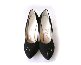 Size 7.5 Ladies Black Heels - Vintage Rhinestone Swirl by Risque