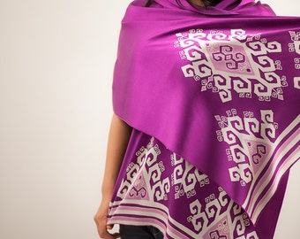 Purple silk shawl, silk scarf. Silky wrap hand painted and handdyed tribal batik, headscarf head scarf, feminine gifts for ladies hand dyed