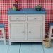 Unique 1950's vintage miniature TOY KITCHEN SET - handmade wooden furniture: cupboard & 2 stools