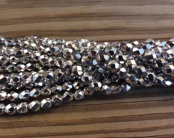 Silver Firepolished Czech Glass Faceted 6mm Beads 16 inch Full Strand