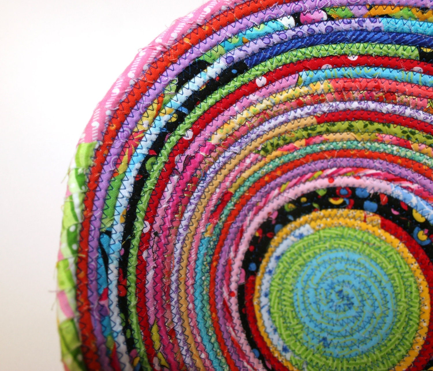 Coiled Fabric Basket Bright Multicolored Scraps