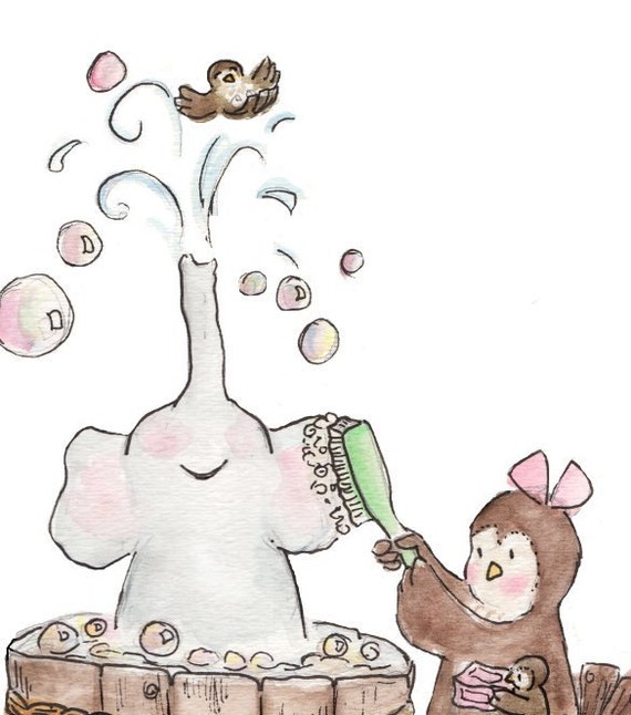 Items similar to Children Art Print. Elephant's bubble bath. PRINT 8X10