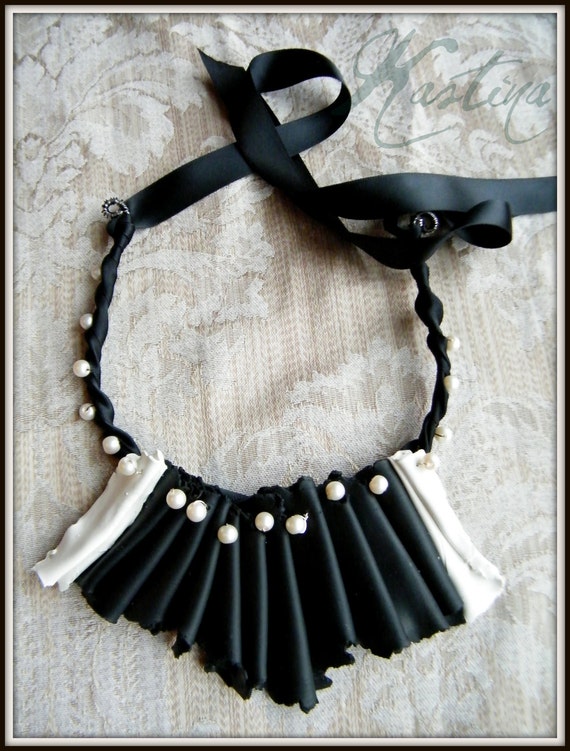 Items Similar To Black & White Polymer Clay Bib Necklace, Ribbon And ...