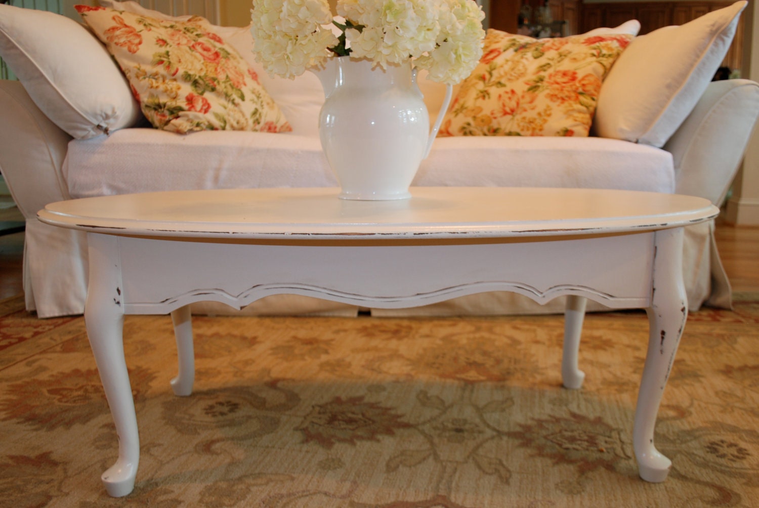 Queen Anne style antique white distressed coffee table