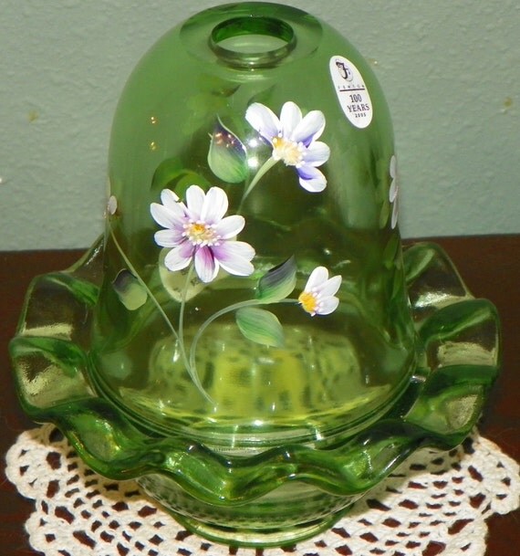 Vintage Fenton Fairy Lamp Green Glass Artist Signed hand