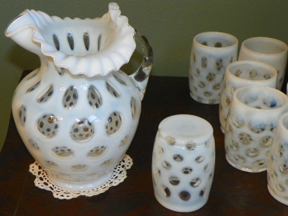 Vintage Fenton Opalescent Coin Spot Dot Pitcher and 6 Tumblers