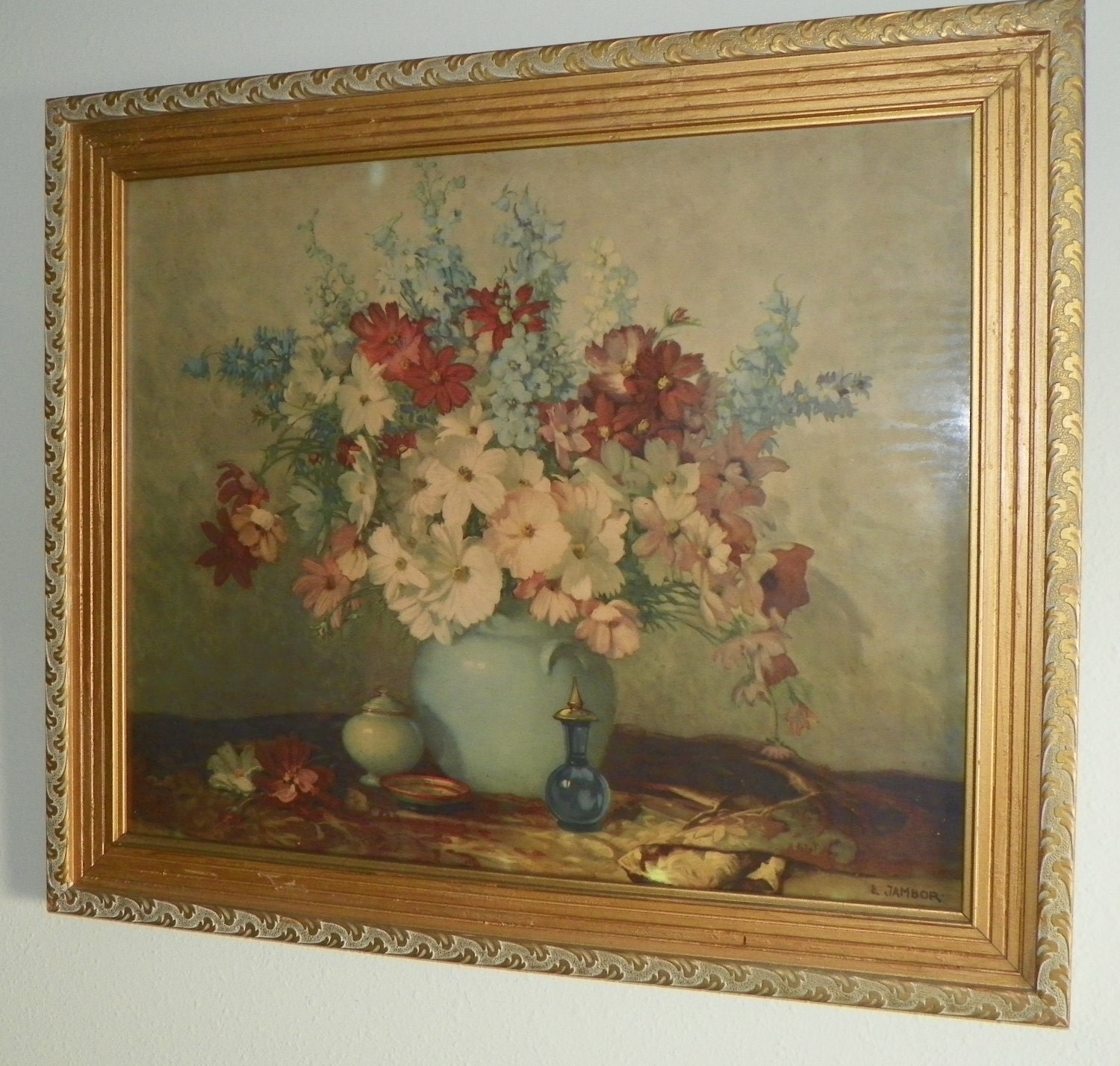 Antique Print lithograph 1946 Cosmos and larkspur Louis Jambor