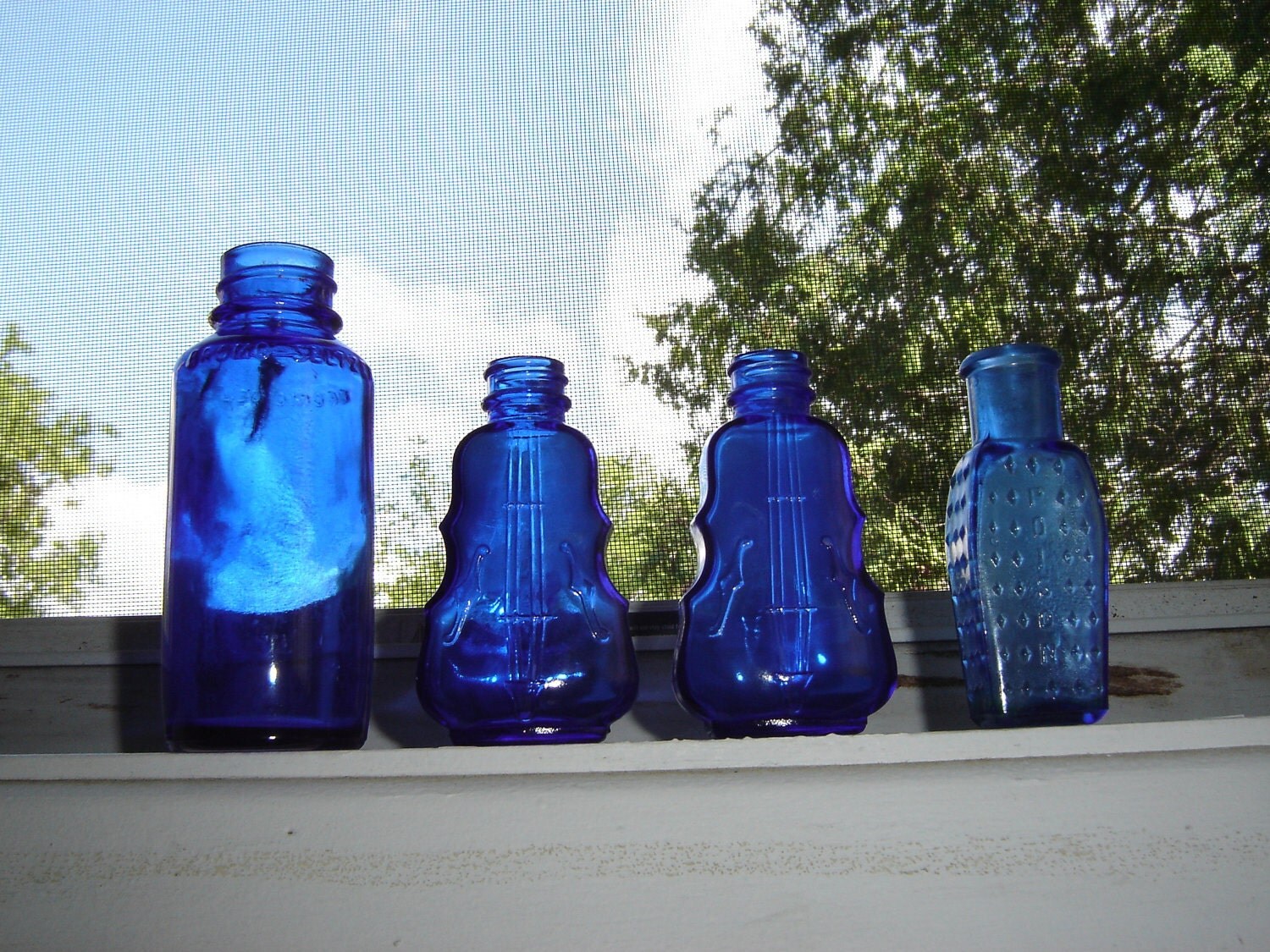 Blue Glass Bottle Collection Set of 4 Vintage Cobalt