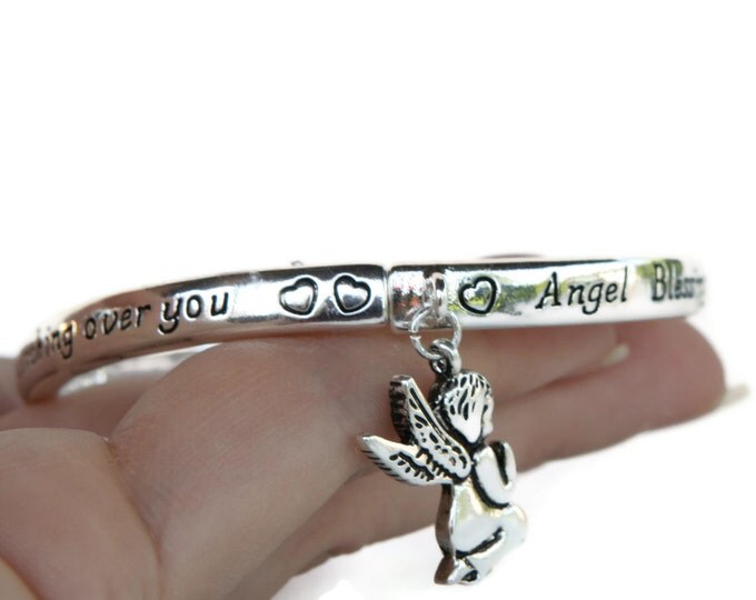 Spiritual Jewelry - Engraved Bracelet - Angel Charm Silver Bangle