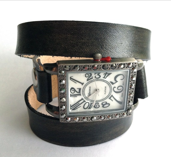 Leather and Marcasite 3Wrap Watch Bracelet in Gunmetal Gray/Black