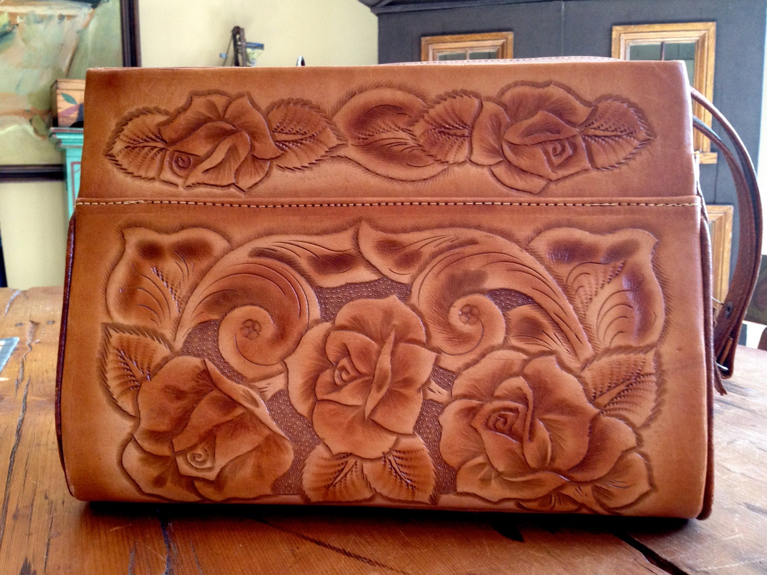 Gorgeous Vintage Mexican Hand Tooled Brown Leather Desert Rose