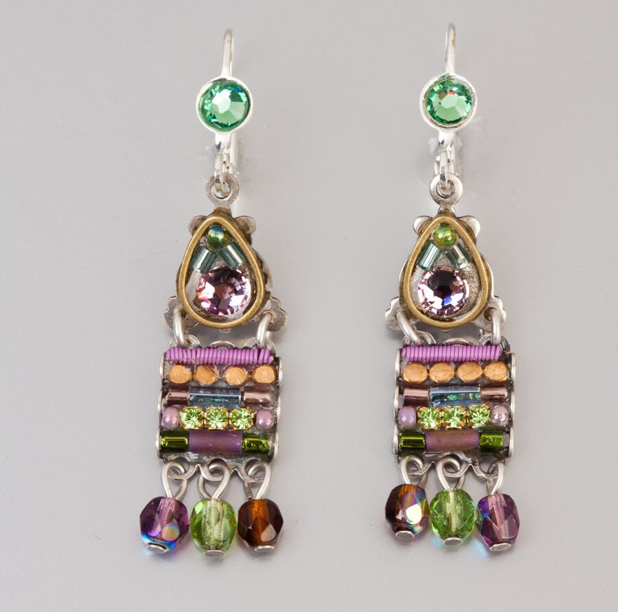 Pastel earrings with hanging beads silver plated brass metal