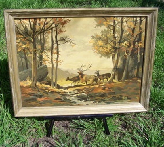 Vintage paint by number deer elk stag forest trees