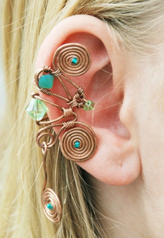 Copper Wire Ear Cuff Green Crystals Steampunk