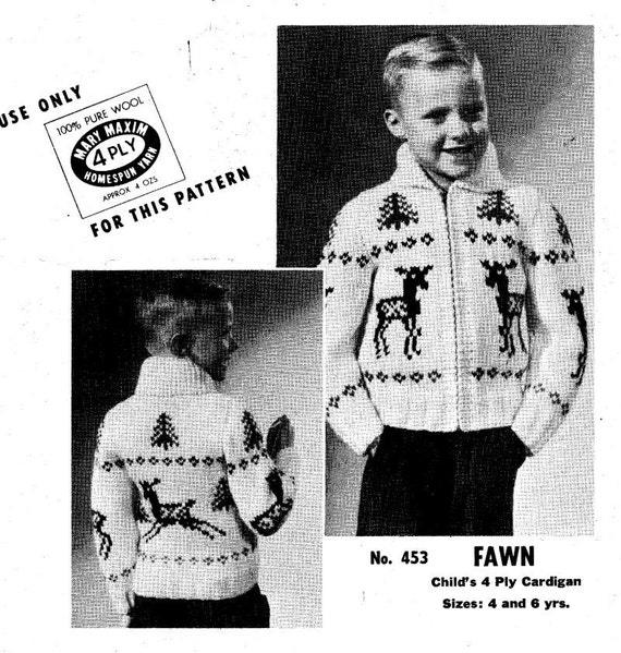 Mary Maxin Childs Deer Sweater Graph Knitting Pattern Sizes 4