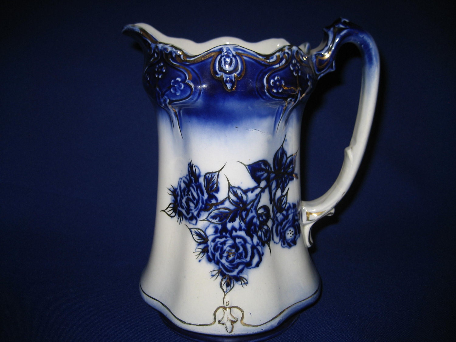 Vintage Antique Pitcher Flow Blue Roses with 22kt karat Gold Gilt Made ...