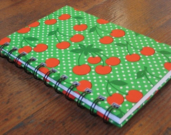 Handmade Spiral Bound Polka Dots and Cherries (Red and Green) - Journal/Notebook