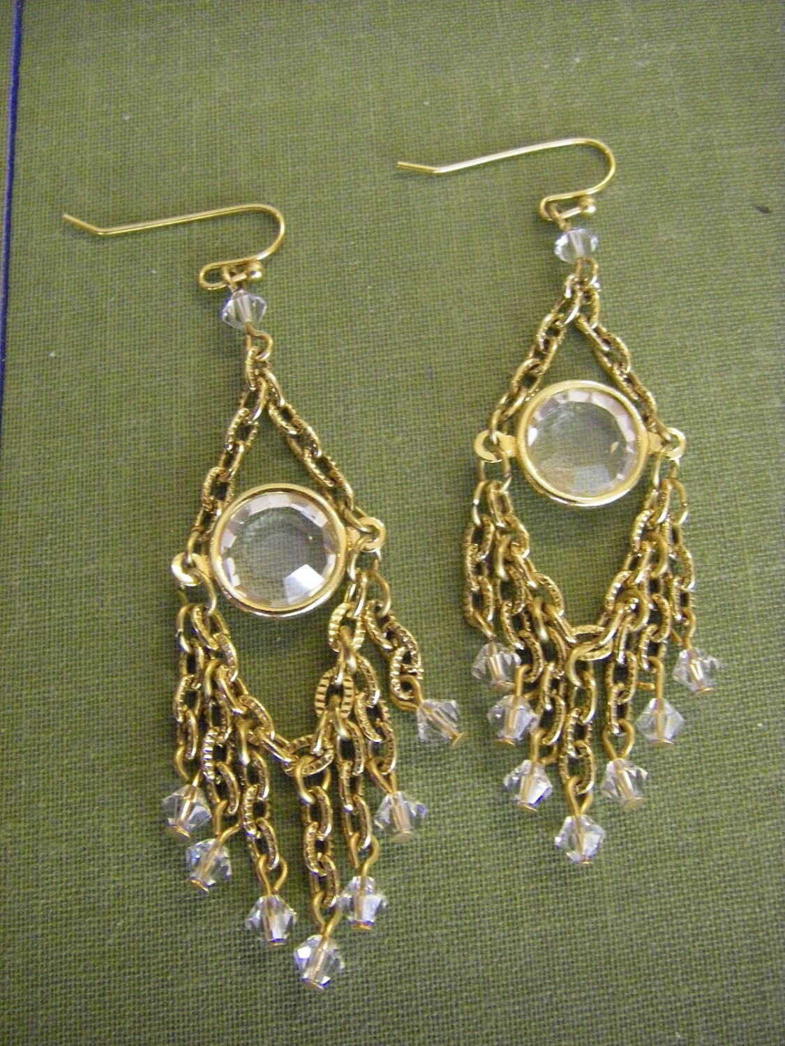 Vintage Dangle Earrings Textured gold brass clear beads gold