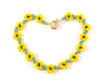 Childrens Sunflower Bracelet, Flower Girls Bracelet, Yellow Flower Bracelet, UK Seller