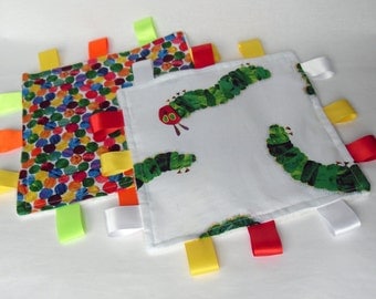 Personalised Taggies / Set of 2 The Very Hungry Caterpillar / Choose your Minky Colour/ Taggie Blanket / Baby Gift Idea