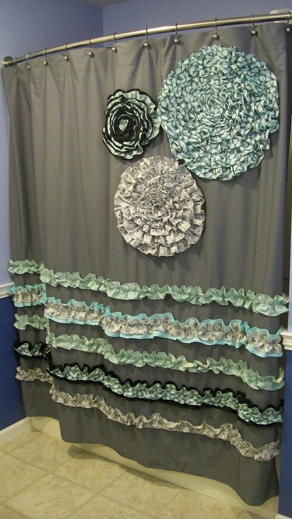 Shower Curtain Custom Made Ruffles and Flowers by CountryRuffles