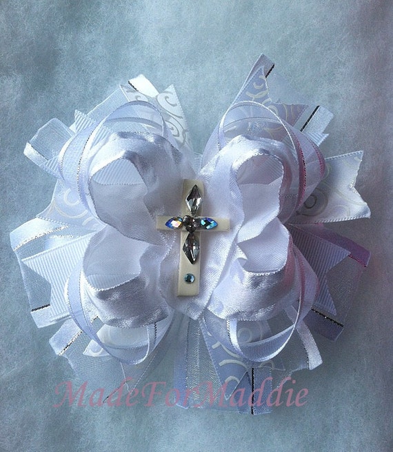 Girls White Hair Bow Cross Baptism Christening Church