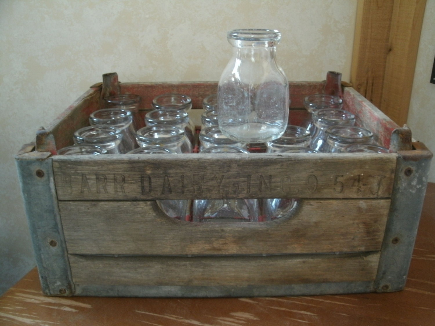 Milk crate with 20 half pint milk bottles Barr Dairy