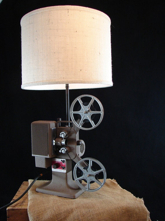 Upcycled Vintage 8mm Projector Lamp with Ivory Burlap Shade