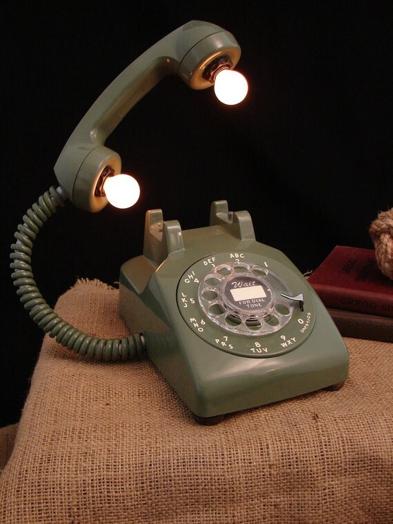 Upcycled Vintage Rotary Dial Telephone Lamp Avocado Green